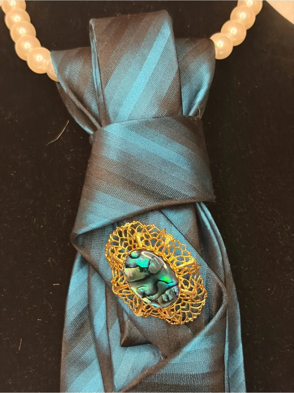 John Ashford Teal and Black Striped Silk Neck Scarf